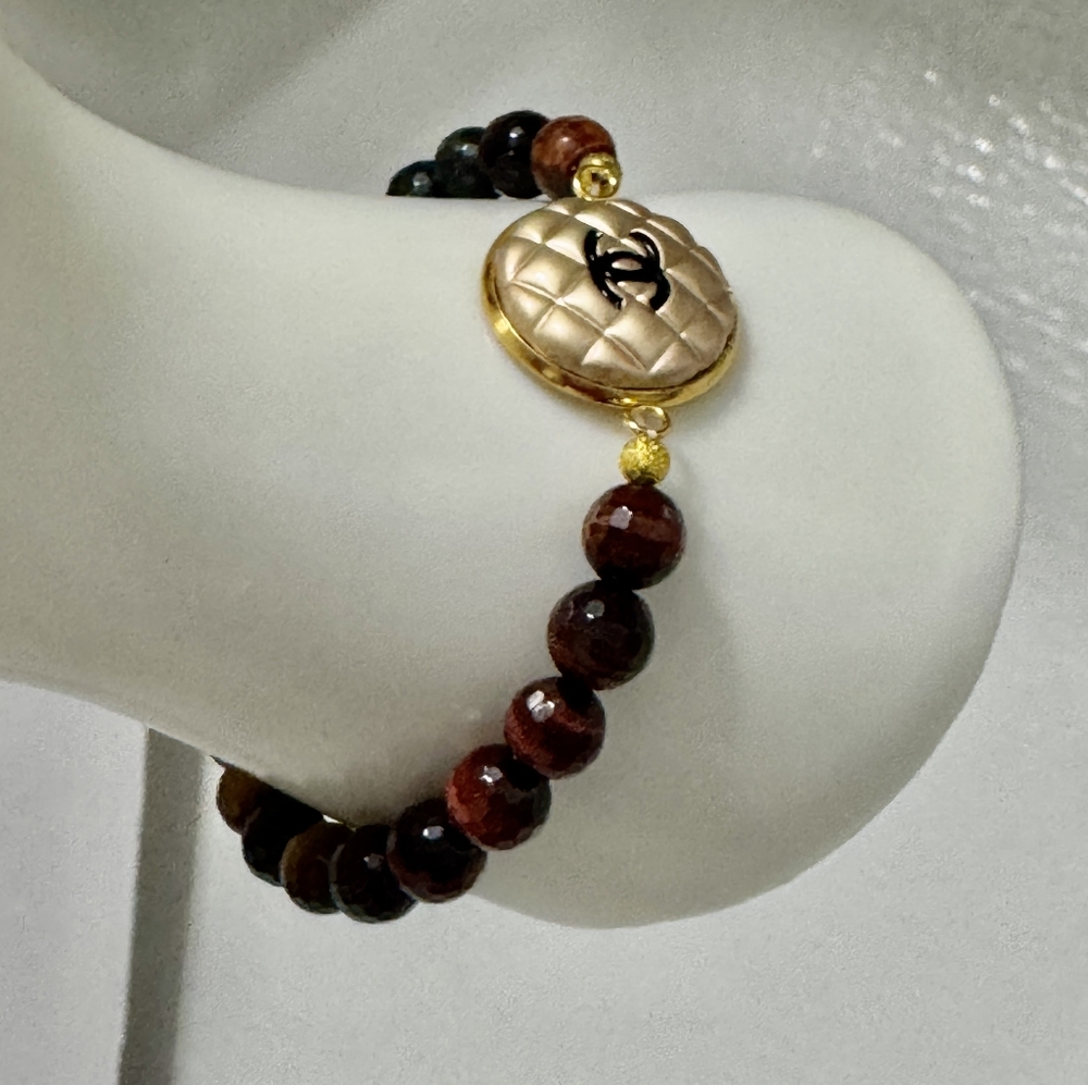 Tiger Eye Gold & Brown Bracelet With A Button Charm